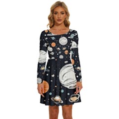 Space Galaxy Universe Stars Sky Long Sleeve Wide Neck Velvet Dress by Paksenen