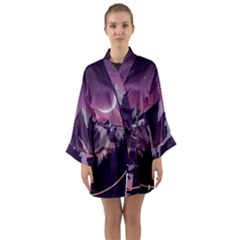 Mountain Night Crescent Moon Long Sleeve Satin Kimono by Bedest