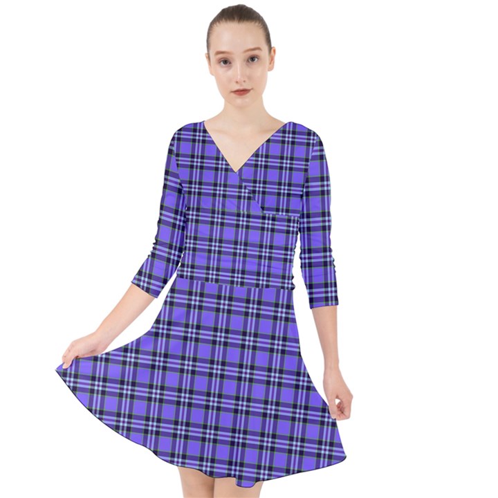 Blue Tartan Plaid 1 Quarter Sleeve Front Wrap Dress