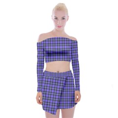 Blue Tartan Plaid 1 Off Shoulder Top With Mini Skirt Set by dressshop