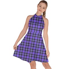 Blue Tartan Plaid 1 Sleeveless Halter Neck A-line Dress by dressshop