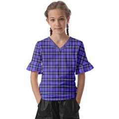 Blue Tartan Plaid 1 Kids  V-neck Horn Sleeve Blouse by dressshop