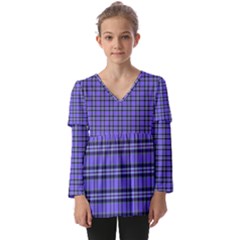 Blue Tartan Plaid 1 Kids  V Neck Casual Top by dressshop