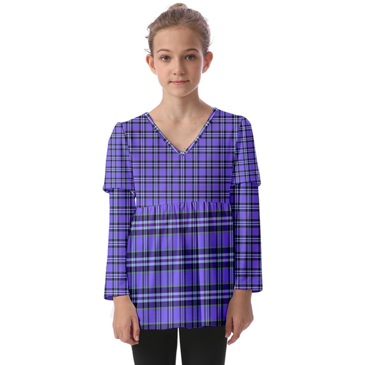 Blue Tartan Plaid 1 Kids  V Neck Casual Top