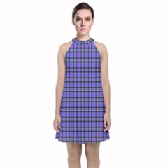 Blue Tartan Plaid 1 Velvet Halter Neckline Dress  by dressshop