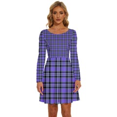 Blue Tartan Plaid 1 Long Sleeve Wide Neck Velvet Dress by dressshop