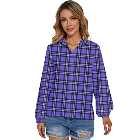 Blue Tartan Plaid 1 Women s Long Sleeve Button Up Shirt by dressshop