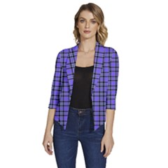 Blue Tartan Plaid 1 Women s Draped Front 3/4 Sleeve Shawl Collar Jacket by dressshop