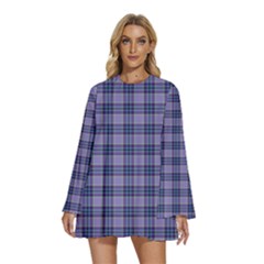 Purple Plaid Tartan 1 Round Neck Long Sleeve Bohemian Style Chiffon Mini Dress by dressshop