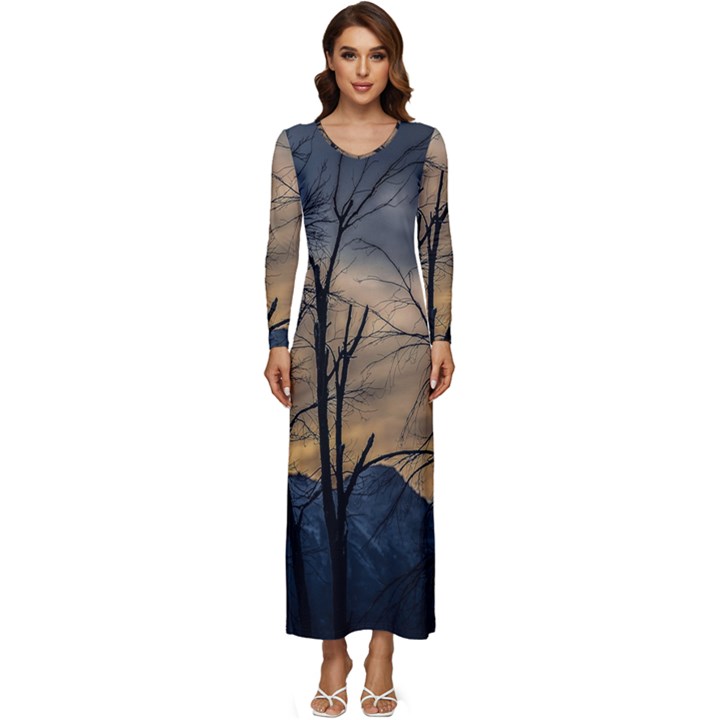 Tree Silhouette At Border Of Nahuel Haupi Lake, Rio Negro, Argentina Long Sleeve Longline Maxi Dress