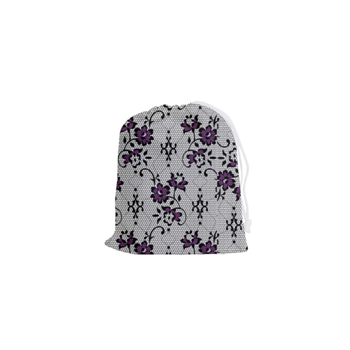 Elegant Purple Floral Jacquard Mesh Lace Fabric Drawstring Pouch (XS)