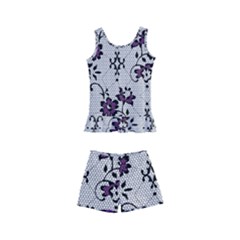 Elegant Purple Floral Jacquard Mesh Lace Fabric Kids  Boyleg Swimsuit by ArtfulThreads