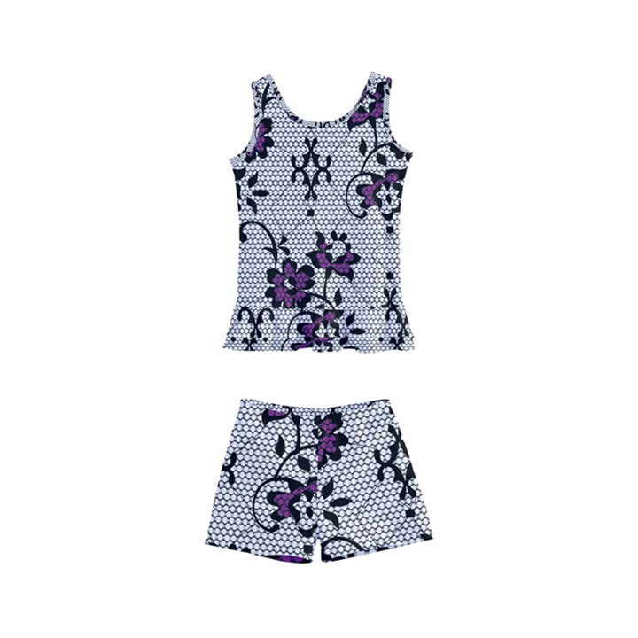 Elegant Purple Floral Jacquard Mesh Lace Fabric Kids  Boyleg Swimsuit