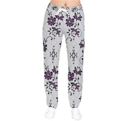 Elegant Purple Floral Jacquard Mesh Lace Fabric Women Velvet Drawstring Pants by ArtfulThreads