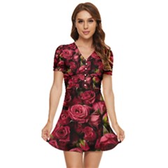 Floral Buds Of Roses Beautiful Flowers V-neck High Waist Chiffon Mini Dress by Grandong