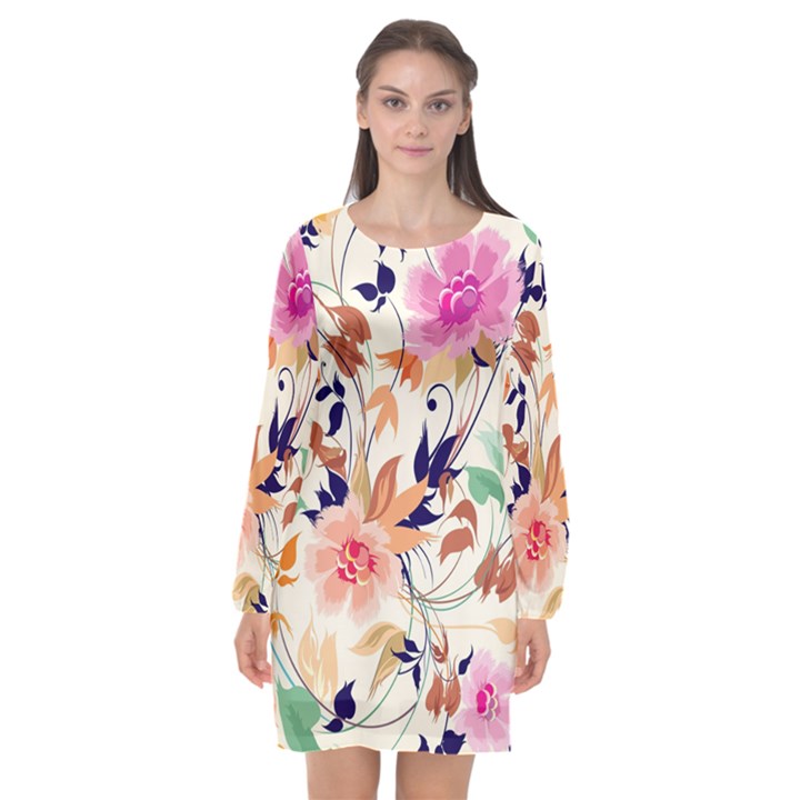 Abstract Floral Background Long Sleeve Chiffon Shift Dress 