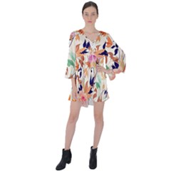 Abstract Floral Background V-neck Flare Sleeve Mini Dress by kyorashop23