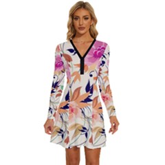 Abstract Floral Background Long Sleeve Deep V Mini Dress  by kyorashop23