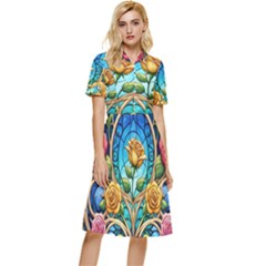 Roses Floral Stained Glass Vibrant Button Top Knee Length Dress by Grandong