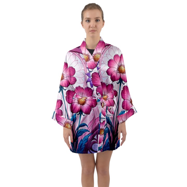 Fantasy Pink Flowers Stained Glass Long Sleeve Satin Kimono