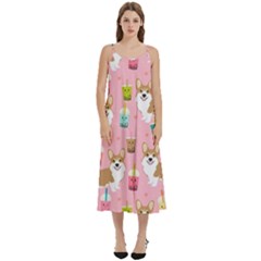 Corgi Bubble Boba Tea Pink Pattern Casual Spaghetti Strap Midi Dress by Salmanaz77