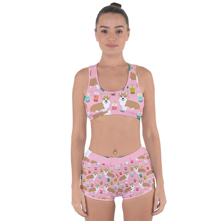 Corgi Bubble Boba Tea Pink Pattern Racerback Boyleg Bikini Set