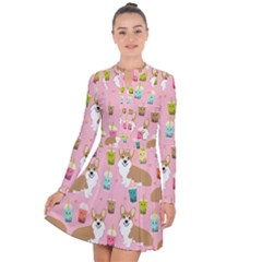 Corgi Bubble Boba Tea Pink Pattern Long Sleeve Panel Dress by Salmanaz77