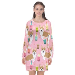 Corgi Bubble Boba Tea Pink Pattern Long Sleeve Chiffon Shift Dress  by Salmanaz77