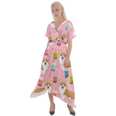 Corgi Bubble Boba Tea Pink Pattern Cross Front Sharkbite Hem Maxi Dress by Salmanaz77