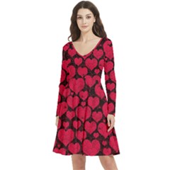 Valentines Day Hearts Pattern Love Red Long Sleeve V-neck Skater Dress With Pockets by Maspions