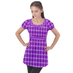 Purple Plaid Tartan 3 Puff Sleeve Tunic Top by dressshop