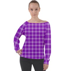 Purple Plaid Tartan 3 Off Shoulder Long Sleeve Velour Top by dressshop