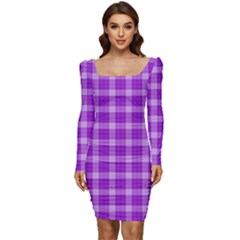 Purple Plaid Tartan 3 Women Long Sleeve Ruched Stretch Jersey Dress by dressshop