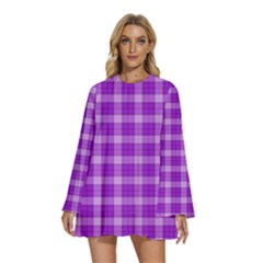 Purple Plaid Tartan 3 Round Neck Long Sleeve Bohemian Style Chiffon Mini Dress by dressshop