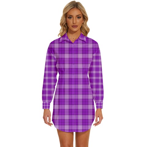 Purple Plaid Tartan 3 Womens Long Sleeve Shirt Dress by dressshop