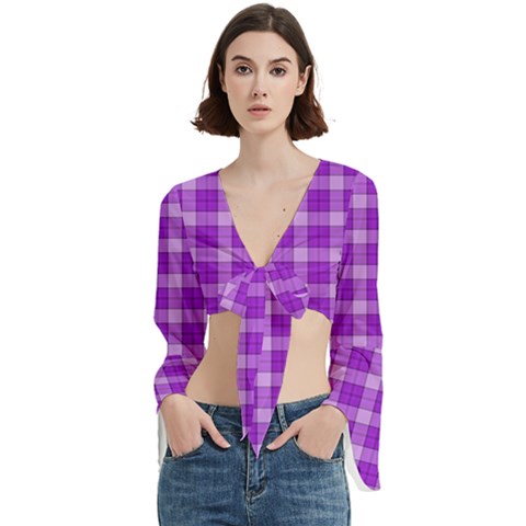 Purple Plaid Tartan 3 Trumpet Sleeve Cropped Top by dressshop