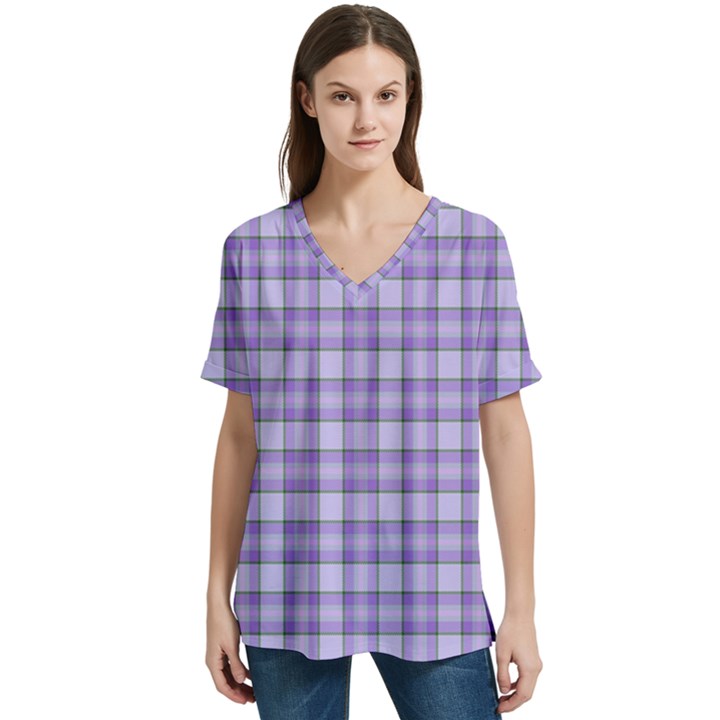 Purple Plaid Tartan 2 V-Neck Split Shoulder Casual T-Shirt