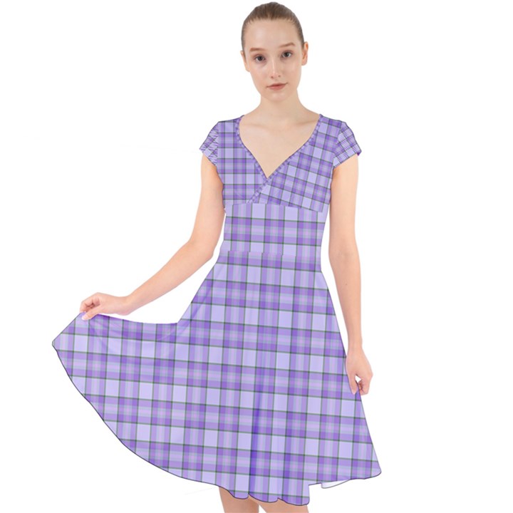 Purple Plaid Tartan 2 Cap Sleeve Front Wrap Midi Dress