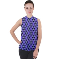 Blue Tartan Plaid 1 Diagonal Mock Neck Chiffon Sleeveless Top by dressshop