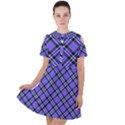 Blue Tartan Plaid 1 Diagonal Short Sleeve Shoulder Cut Out Dress  View1