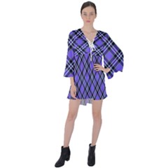 Blue Tartan Plaid 1 Diagonal V-neck Flare Sleeve Mini Dress by dressshop