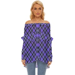 Blue Tartan Plaid 1 Diagonal Off Shoulder Chiffon Pocket Shirt by dressshop