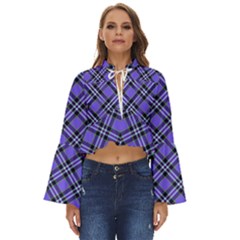 Blue Tartan Plaid 1 Diagonal Boho Long Bell Sleeve Top by dressshop