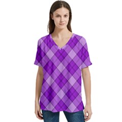 Purple Plaid Tartan 3 Diagonal (2) V-neck Split Shoulder Casual T-shirt by dressshop