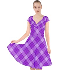 Purple Plaid Tartan 3 Diagonal (2) Cap Sleeve Front Wrap Midi Dress by dressshop