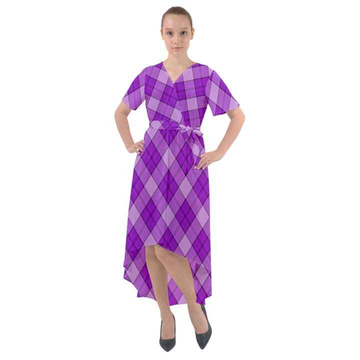 Purple Plaid Tartan 3 Diagonal (2) Front Wrap High Low Dress