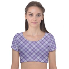 Purple Plaid Tartan 2 Diagonal Velvet Short Sleeve Crop Top  by dressshop