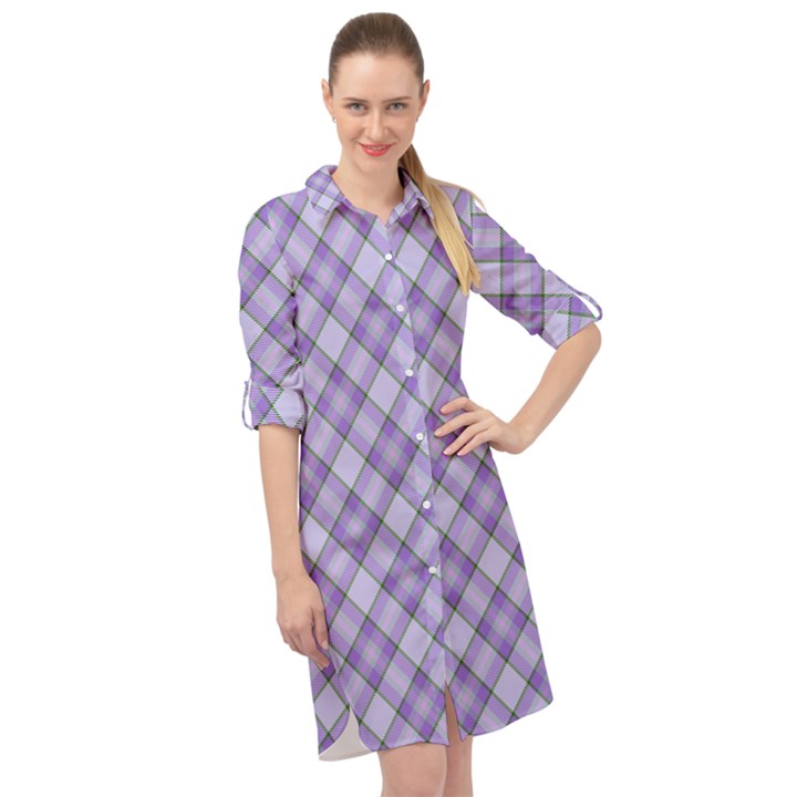 Purple Plaid Tartan 2 Diagonal Long Sleeve Mini Shirt Dress