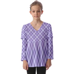 Purple Plaid Tartan 2 Diagonal Kids  V Neck Casual Top by dressshop