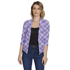 Purple Plaid Tartan 2 Diagonal Women s Draped Front 3/4 Sleeve Shawl Collar Jacket by dressshop